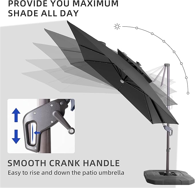 JZAC & QZYD 9x9 FT Outdoor Cantilever Patio Umbrella with Base Included and Solar LED Lights, Large Heavy Duty 2-Tier Square Aluminum Offset Umbrellas with 360-Degree Rotation for Pool Deck, Grey
