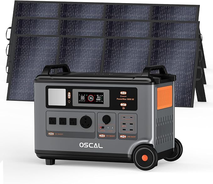 OSCAL Portable Power Station 3600Wh PowerMax 3600 SE With 3x400W Solar Panel, 3600W (Surge 7200W) Output, LiFePO4 Solar Generator for Home Use, Power Outage, Camping, RV, Emergencies