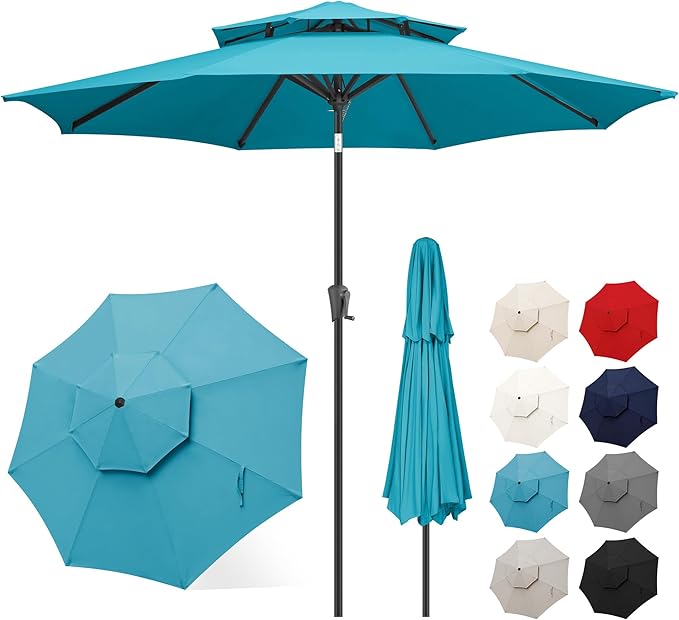 FLAME&SHADE 9ft Patio Umbrella - 2 Tiers Outdoor Umbrella with Push Button Tilt and Crank for UV Protection, Table Market Umbrella for Garden, Deck, Backyard, Pool and Beach(Aqua Blue)