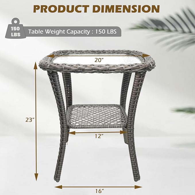 Outdoor Wicker Coffee Table Set of 2, 2-Tier Sturdy Patio Table with Tempered Glass Small Outdoor Wicker Side Table with Storage Shelf for Patio,Balcony & Porch,with PE Rattan & Iron Frame