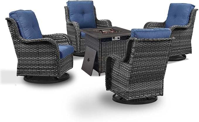 Wicker Patio Furniture Set- 4 Pieces Outdoor Swivel Rocker Chairs with 50,000 BTU Fire Pit Table,PE Rattan Outdoor Conversation Set for Garden Porch Deck
