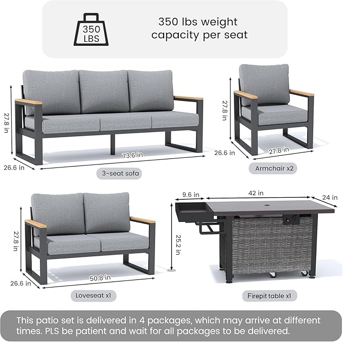 Sundale Outdoor Aluminum Patio Furniture Set, 5 Piece Outdoor Conversation Sets with Fire Pit and 6" Thick Olefin Cushions, All Weather Outdoor Sectional Set for Deck, Lawn, Yard (Grey)