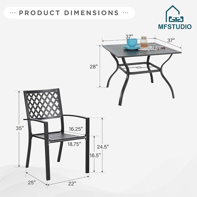 MFSTUDIO Outdoor Table and Chairs for 4, Wrought Iron Outdoor Dining Set with Umbrella Hole, 5 Piece Patio Furniture Set for Deck/Backyard/Poolside/Garden