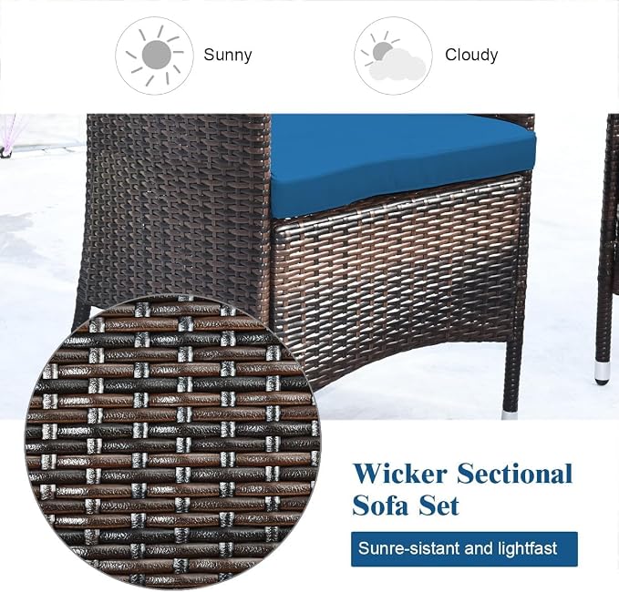 HOMGX 4-Piece Rattan Patio Furniture Set, Sectional Sofa Chair, Wicker Set with Tempered Glass Coffee Table & Thick Cushions, Perfect for Garden, Lawn, Poolside, Backyard (Peacock Blue)