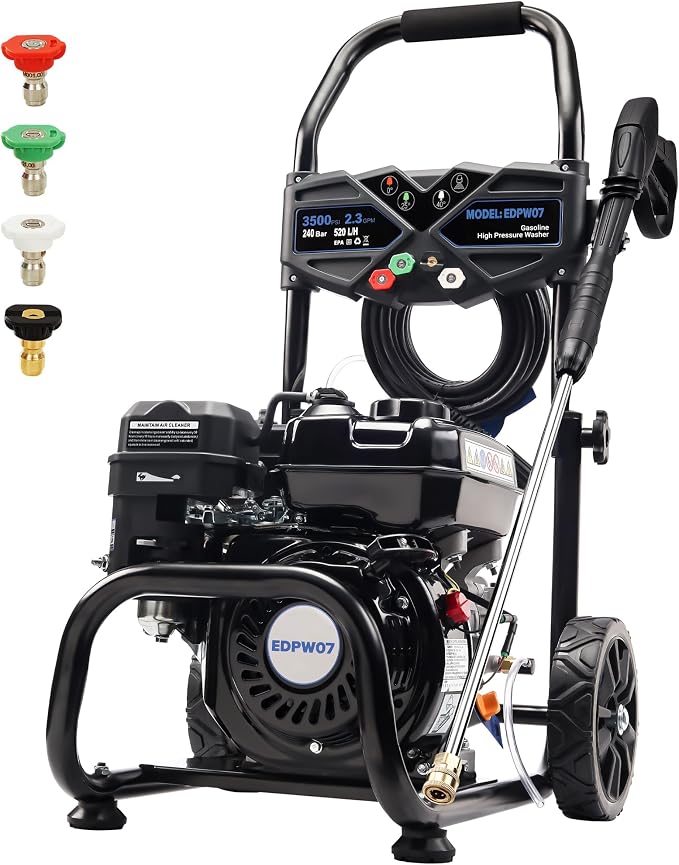 Gas Powered Pressure Washer 3500 PSI - 2.3 GPM Heavy Duty High Power Washer,209CC 7HP Engine with 25Ft Pressure Hose, Axial Aluminum Pump, Soap Tank, 4 Quick Connect Nozzle (Dark)