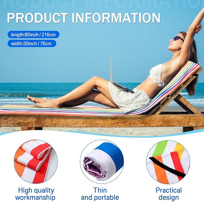 Fumete 2 Pack Lounge Chair Covers 30 x 85 Inch Pool Chaise Lounge Towels Microfiber Beach Chair Towel Portable Striped Outdoor Patio Furniture Cover for Sunbathing Picnic Spa(Rainbow)