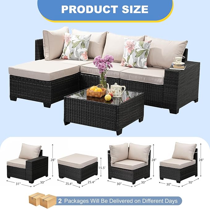5 Pieces Outdoor Patio Furniture Set, Wicker Conversation Sets with Tea Table, Rattan Patio Sofa with Thick Cushions for Garden, Backyard, Poolside, Party, Beige
