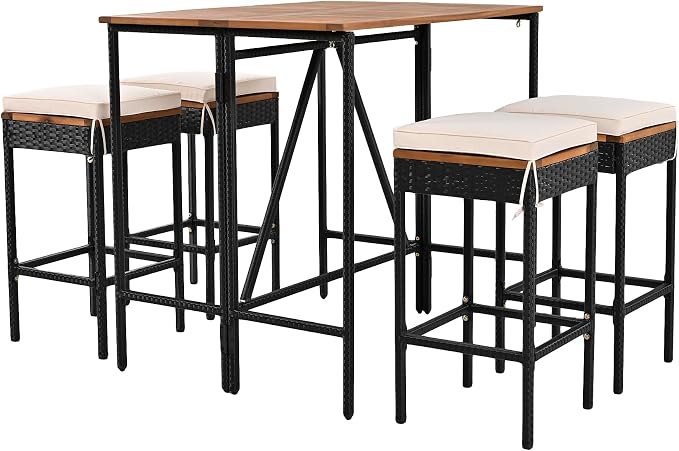 Merax 5-Piece Patio Table and Chairs Set for 4, Counter Height Acacia Wood PE Rattan Wicker Dining Table and 4 Stools with Cushions, Foldable Tabletop, Outdoor All-Weather Dining Table Set, Brown