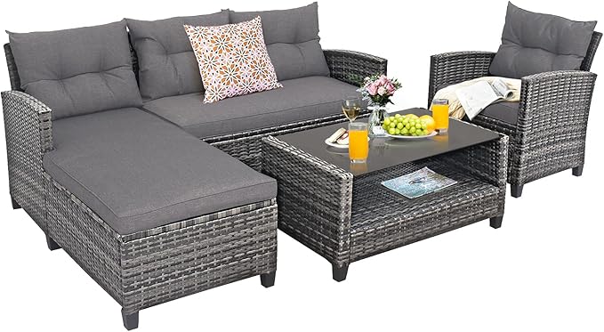 Tangkula 4 Pieces Rattan Conversation Set, Patiojoy Outdoor Furniture Set with Cushions, Lounge Sofa Set with Coffee Table, Patio Sectional Sofa Set for Patio Garden Poolside Backyard (Gray)