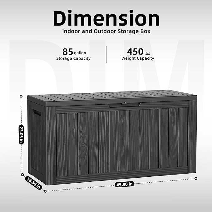 DRATO 85 Gallon Outdoor Storage Box Waterproof, Large Resin Lockable Outdoor Deck Box with Lid, Weatherproof Container for Patio Furniture Cushions, Garden Tools, Pool Accessories (Black, 85 Gallon)