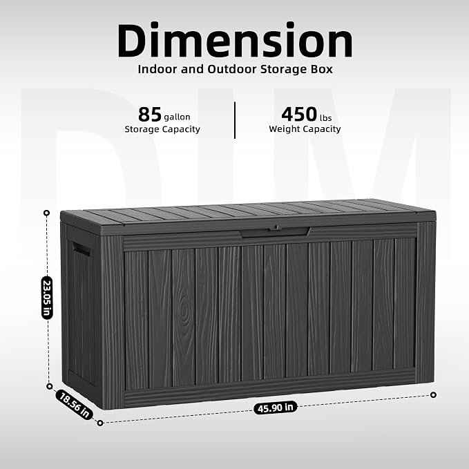 DRATO 85 Gallon Outdoor Storage Box Waterproof, Lockable Resin Deck Box with Lid for Patio Furniture Bench, Pool Garden Tools, Weatherproof Outside Storage Bin for Backyard Porch (Black, 85 Gallon)