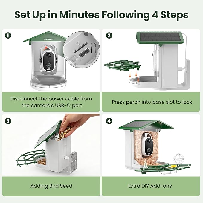 TECKNET Smart Bird Feeder with Camera, 2K UHD Video, AI Bird Species Identification, Instant Arrival Alerts, Solar Powered, Waterproof Birdhouse Camera, Gift for BirdLovers, Family, Green