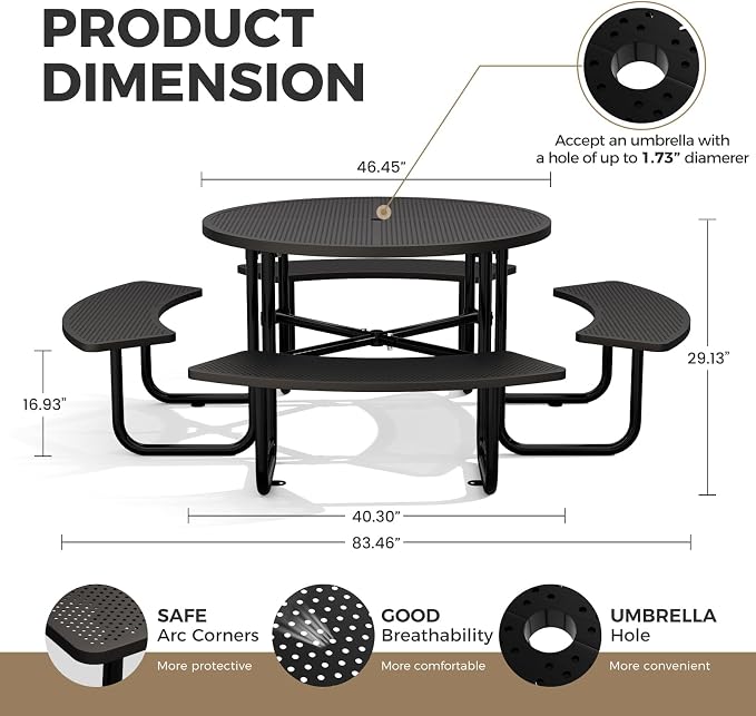Round Heavy Duty Picnic Table for Outdoors Commercial Camping Table with Umbrella Hole up to 1.78" Black Coated Steel Frame Waterproof Rust Resistant 3200 lbs Load Capacity
