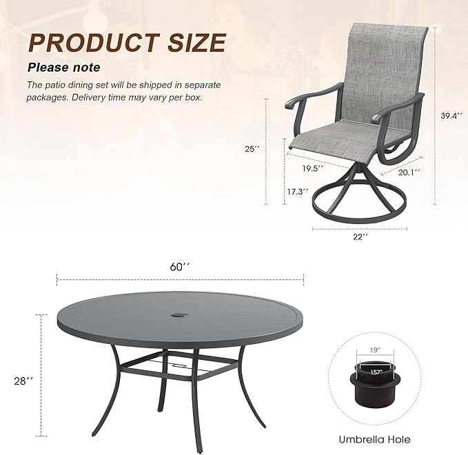 VICLLAX 9 Pieces Outdoor Patio Dining Set, 60" Round Wrought Iron Metal Outdoor Table with Umbrella Hole and 8 Swivel Textilene Chairs for Lawn,Garden,Porch,Dark Grey/Grey