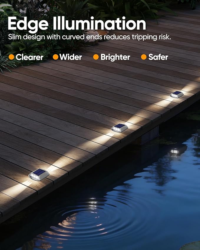 DetarZinLED Deck Lights Solar Powered, 4 Pack White Solar Pathway Driveway Light Outdoor IP68 Waterproof, Stick on & Screw Markers Deck Lights for Dock, Walkway, Sidewalk, Patio, Pool, Garden, Step