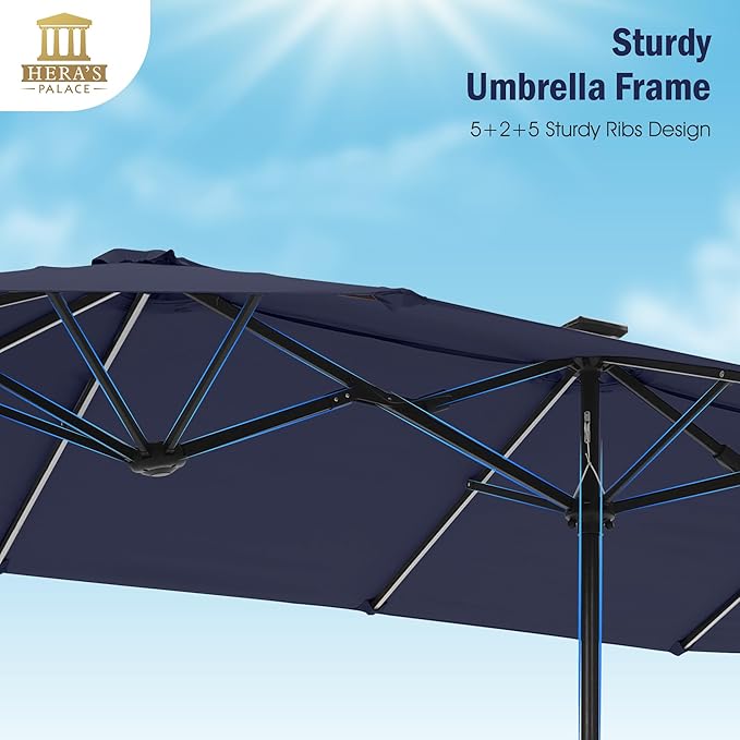 HERA'S PALACE 13ft Patio Umbrella with 120 LED Solar Lights Double Sided Outdoor Umbrella for Patio 8 Colors Changing Table Umbrella Outdoor Patio for Garden Pool