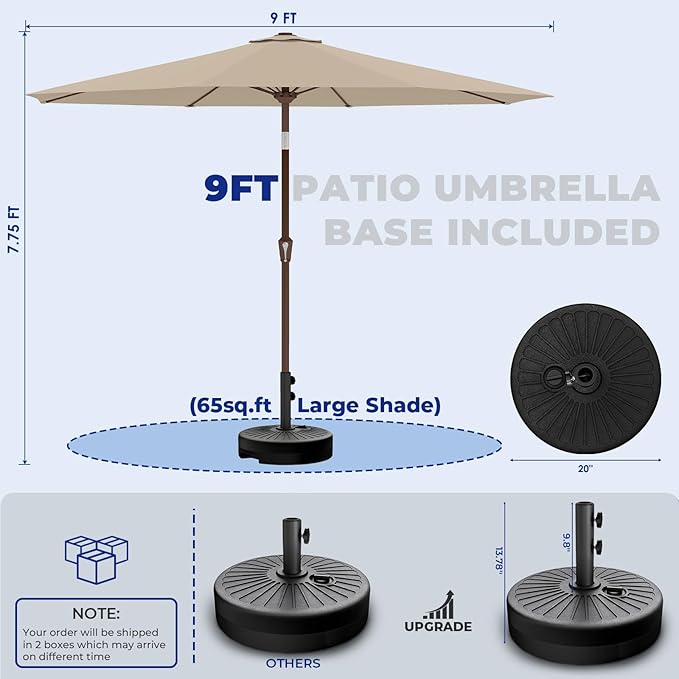 BRIOPAWS 9FT Patio Umbrella with Base Included | Outdoor Table Umbrellas | Push Button Tilt & Crank | 8 Sturdy Fiberglass Ribs | Waterproof | Heavy Duty for Garden Lawn DeckBackyard & Pool