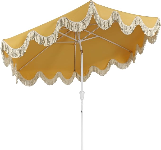 JONATHAN Y UMB1001 Collins 9 ft. Classic Cottage Tassel Market Patio Umbrella with Auto-Tilt, Crank, Wind Vent and UV Protection