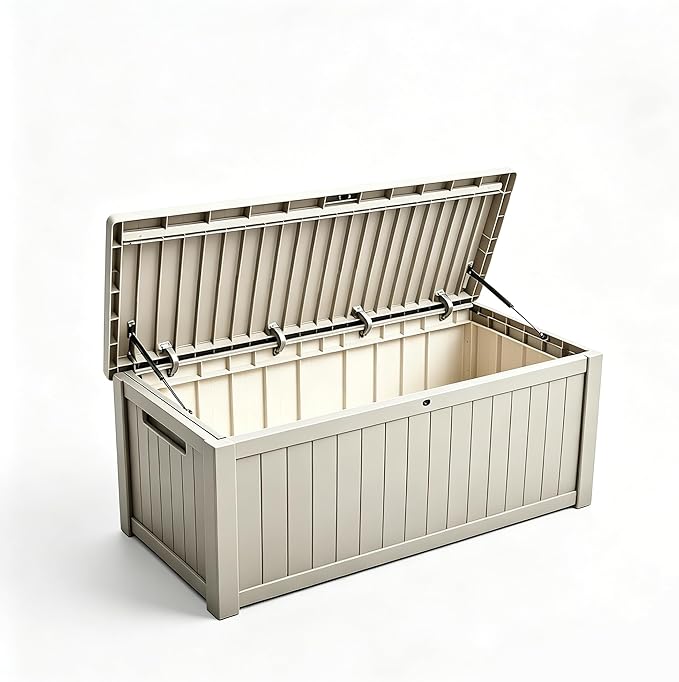 Outdoor Storage Solution with Deck Box Design, Multi-purpose Patio Furniture for Garden Tools, Shoe Storage & Cushions, Strong Storage Bins with Lids Style (beige)