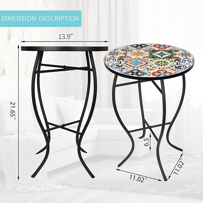 VCUTEKA Mosaic Outdoor Side Table - Small Patio Table Coffee Outside Accent Tables Round End Plant Tables for Bistro Balcony Porch Outdoor Benches 14'' Muti Yellow
