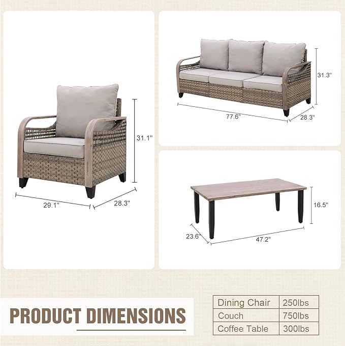 Modern Wicker Patio Furniture Set, Rattan Outdoor Conversation Set with Comfortable Cushions, 2 Patio Chairs, 3 Seat Couch and Coffee Table, 4 Pieces, Brown/Gray
