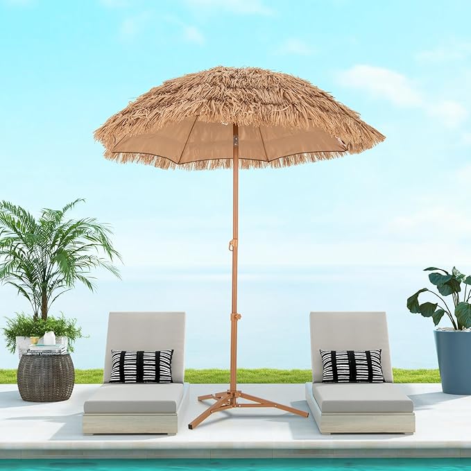 RELAX4LIFE 6.5FT Tiki Patio Umbrella with Base - Hawaiian Style Tilt Beach Umbrella w/8 Ribs, Foldable Stand, Carry Bag, Tropical Palapa Grass Pool Umbrellas, Hula Thatched Tiki Umbrella Outdoor Patio