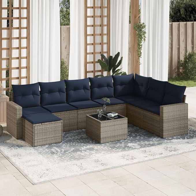 9 Piece Patio Furniture Set Gray Poly Rattan Outdoor Sectional with Navy Cushions and Tempered Glass Table 25.8x24.4x27.2 in Modular Sofa Conversation for Patio Balcony Lawn