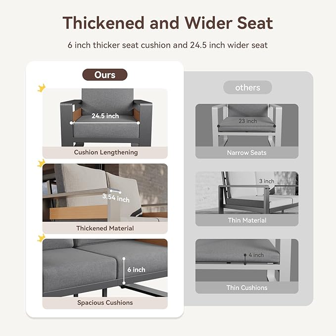 Aoxun Aluminum Patio Furniture Set, 4 Seats Luxury Metal Patio Conversation Sets with Coffee Table, Thick Cushions and Waterproof Cover, Modern Outdoor Furniture Set for Backyard/Poolside, Light Grey
