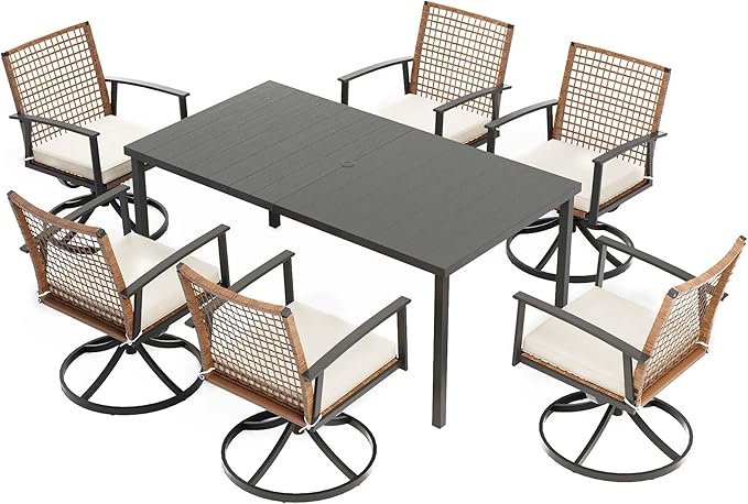 LAUSAINT HOME Outdoor Dining Table for 6, Rectangular Table with Umbrella Hole, Weather Resistant Heavy Duty Metal Frame Table for Lawn Garden Backyard, L63 xW37 xH29