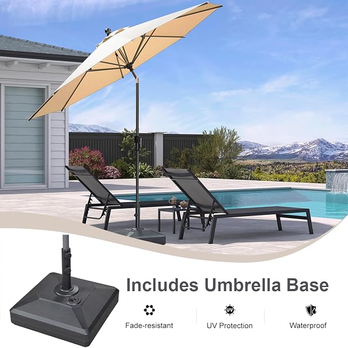 PURPLE LEAF 10' Round Patio Market Umbrella with Base Outdoor Table Umbrellas Aluminum Frame Sun Shade with 8 Sturdy Ribs Tilt for Garden Deck Lawn Pool Beige