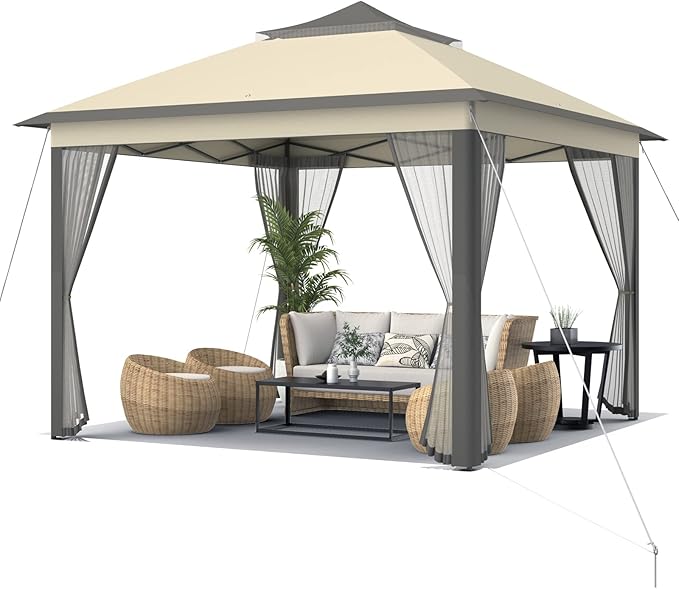 Tangkula 11x11 Ft Pop up Gazebo, 2-Tier Patio Gazebo with Netting, Carry Bag, Easy Set up Outdoor Gazebo with 121 Square Feet of Shade for Backyard, Deck, Poolside (Brown)