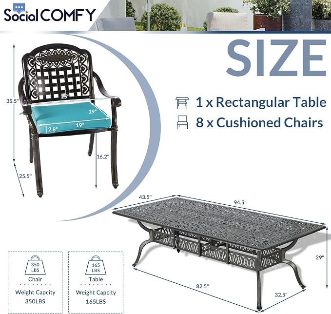 9-Piece Patio Cast Aluminum Dining Set, Outdoor Table and Chairs Set for 8, Includes 94.5" Rectangular Dining Table and 8 Cushioned Chairs with Umbrella Hole for Lawn Garden, Ocean Blue