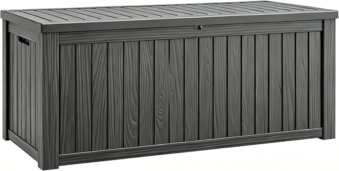 Fancyango 200 Gallon Outdoor Deck Box Waterproof, Large Storage Box for Patio, Resin Storage Bench Lockable for Garden Tools, Package Delivery, Black