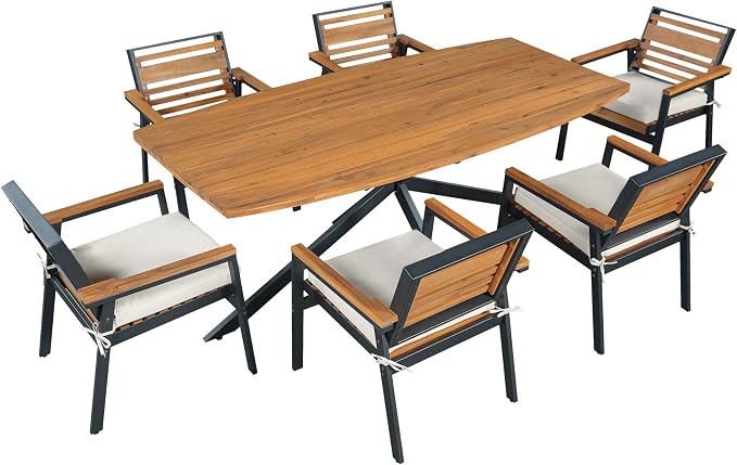 Outdoor 7-Piece Patio Dining Set, Acacia Wood with Iron Frame, All-Weather Rectangle Table and 6 Chairs with Dual-Layer Iron & Wood Seat Frame and Cushions for Backyard Poolside (Beige-5.14G)