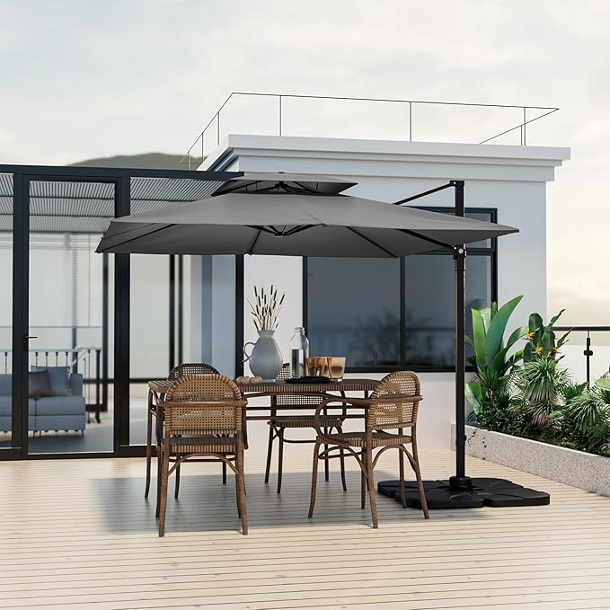 Tangkula 9.5 FT Cantilever Patio Umbrella, Outdoor Square Offset Umbrella with 360°Rotation, Double Top Heavy Duty Patio Hanging Umbrella with Cross Base for Garden Deck Pool Backyard (Grey)