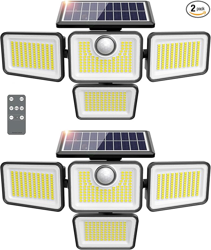 4500LM Solar Lights Outdoor, 4 Adjustable Heads Motion Sensor Lights, 3 Modes, 6500K, IP65 Waterproof Solar Security Wall Lights, Remote Control Flood Lights, Garden, Outside, Backyard, 2 Pack