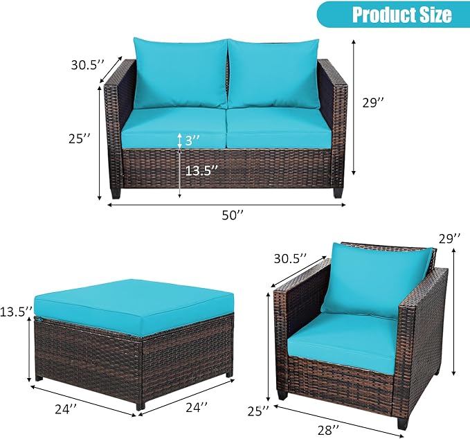 DORTALA 5-Piece Outdoor Patio Conversation Set, Loveseat and 2 Ottoman, Outdoor Sectional Rattan Sofa Set, Multifunctional Rattan Furniture Set Suitable for Backyard Garden Poolside Balcony, Turquoise