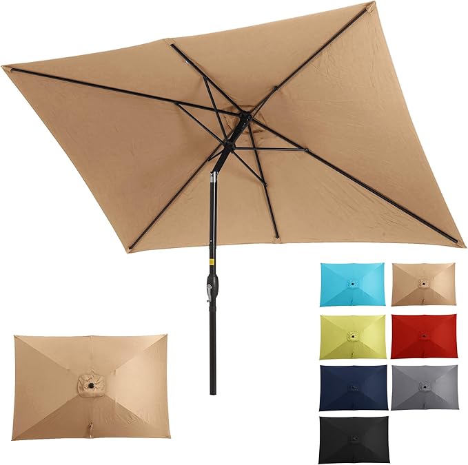 FansaFurn 6.5 x 10 Ft Rectangular Patio Umbrella Aluminum Pole, Outdoor Table Market Umbrella with Crank, 6 Steel Ribs, Polyester Canopy.EU03