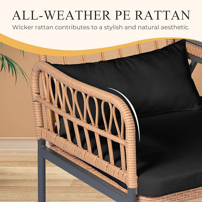 PROHIKER Patio Furniture Outdoor Rattan Loveseat 2-Seat with Built-in Table, Lumbar Pillows and Cushions, All-Weather Wicker Loveseat Porch Chairs for Balcony, Lawn, Backyard