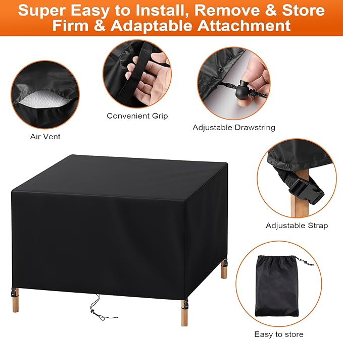 Patio Furniture Cover Rectangle 108"(L) x 82"(W) x 28"(H), Custom Heavy Duty 420D Waterproof Outdoor Cover with Drawstring & Buckles for Table Chair Garden, Black