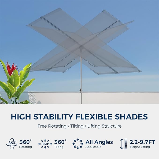 HOMSHADE 6x4ft Outdoor Balcony Umbrella - Flat Porch Pool Patio Umbrella Rectangular Canopy Shade UPF50+ UV Protection 360° Rotating & Tilting All Angles Applicable (Grey, No Base)