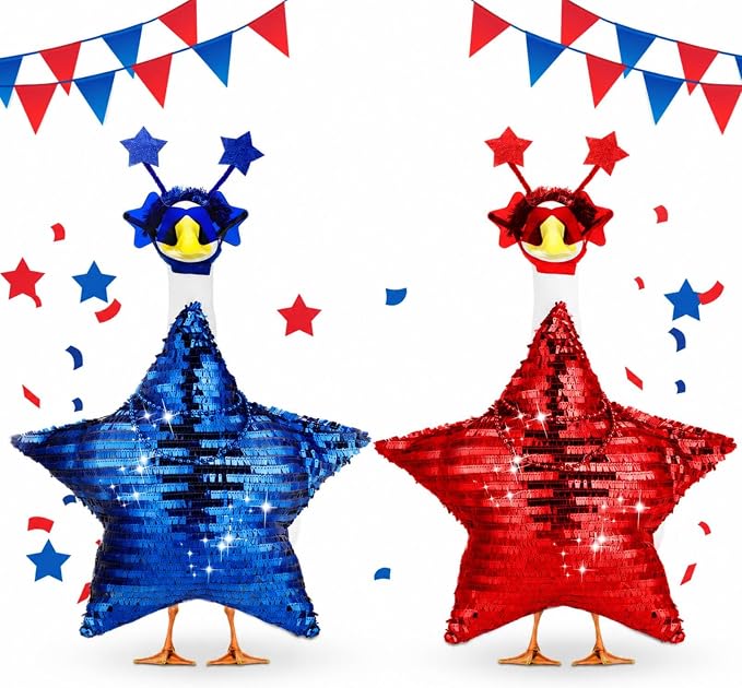Abbylike 2 Set 4th of July Porch Goose Outfit 250th Red Blue Disco Sequin Star Yard Goose Costume Clothes Fits Large 23'' Cement for Independence Day American Patriotic Statue Patio Garden Art Decor