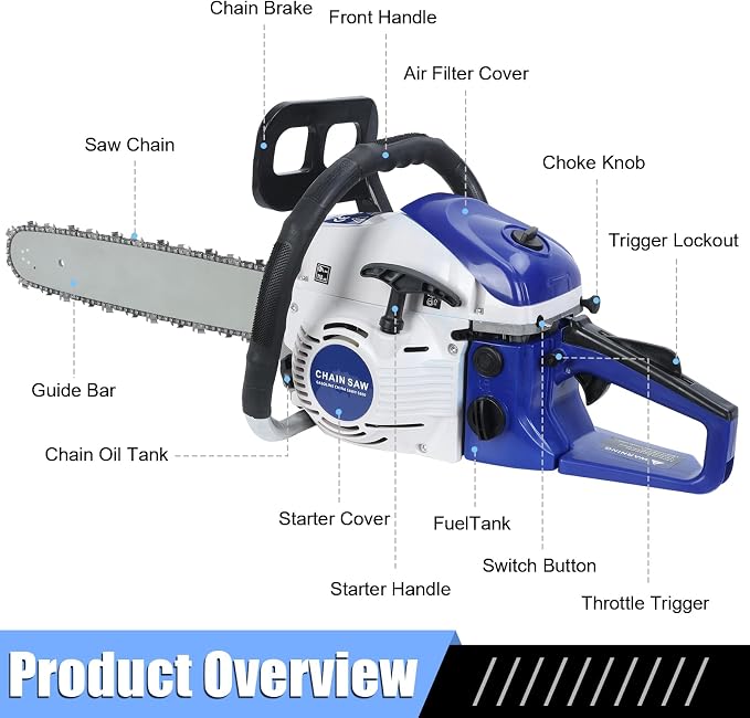 58CC Gas Chain Saw, 1 Set 20 Inches 3.5HP Gas Chain Saw High Power Rust Resistant Wood Chainsaw for Wood Cutting (Blue)
