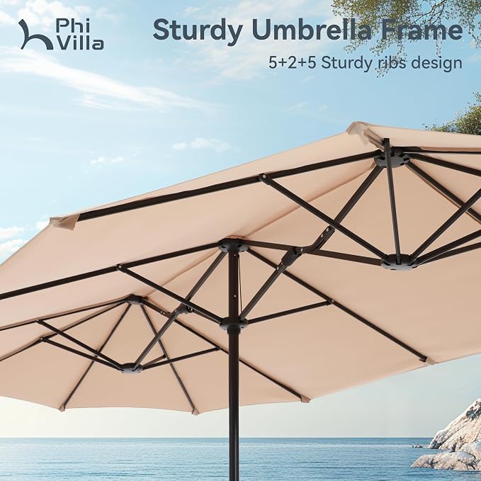 PHI VILLA Patio Dining Set with 13ft Umbrella for 6, Swivel Mesh Chairs | 59'' metal rectangular table, 6 grey outdoor textilene chairs and 13ft beige umbrella(NO BASE) for deck, garden, backyard