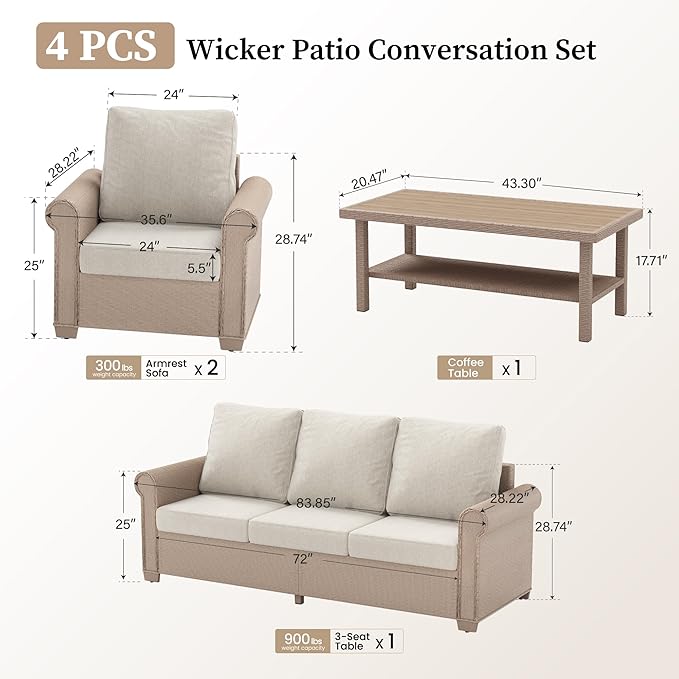 Patio Furniture Set 4 pcs, Wicker Rattan Sofa with 5.5” Thick Waterproof Cushions, 2 Chairs and Coffee Table, All Weather Outdoor Conversation Set for Backyard Deck, 5 Seats Beige