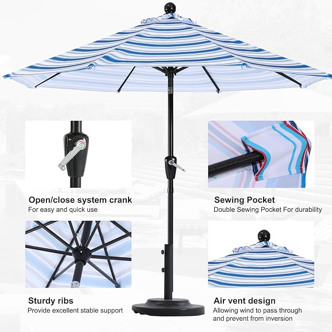 ABCCANOPY 9FT Patio Umbrella - Outdoor Waterproof Table Umbrella with Push Button Tilt and Crank, 8 Ribs UV Protection Pool Umbrella for Garden, Lawn, Deck & Backyard (Navy Blue Stripes)
