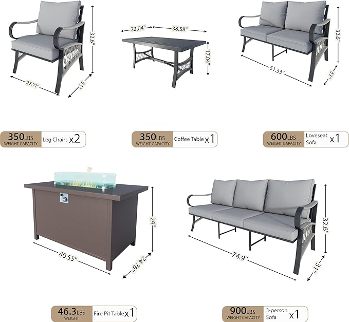 6 Pieces Patio Conversation Sets, All Weather Metal Outdoor Furniture Set 3-Seater 2 Single Chairs 1 Loveseat with Coffee Table and Fire Pit Table for Backyard Garden Deck Porch Poolside, Gray