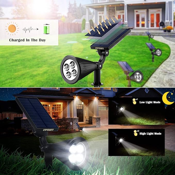 URPOWER Solar Lights Outdoor, 2-in-1 Solar Spot Lights Waterproof with 2 Lighting Modes, Adjustable Solar Powered Spotlights Auto On/Off Landscape Lights for Yard Garden Pathway, 4 Pack (Cool White)