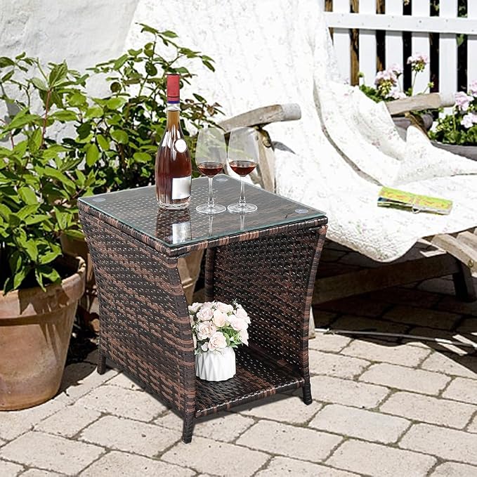 Outdoor Wicker Side Table with Tempered Glass, All-Weather Rattan Side Table with Storage Shelf, Wicker Patio Table for Outdoor Patio, Porch, Garden, Brown
