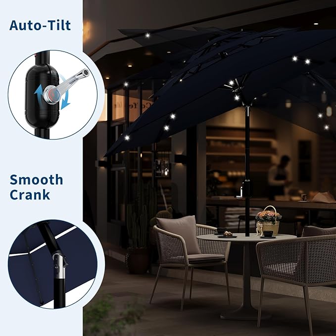 Garvee 10Ft 3-Tier Solar Patio Umbrella with LED Lights, Outdoor Table Umbrella with Vents, Easy Crank and Push Button Tilt, Market Umbrella with 8 Sturdy Ribs for Pool, Deck, Yard, Garden -Navy Blue